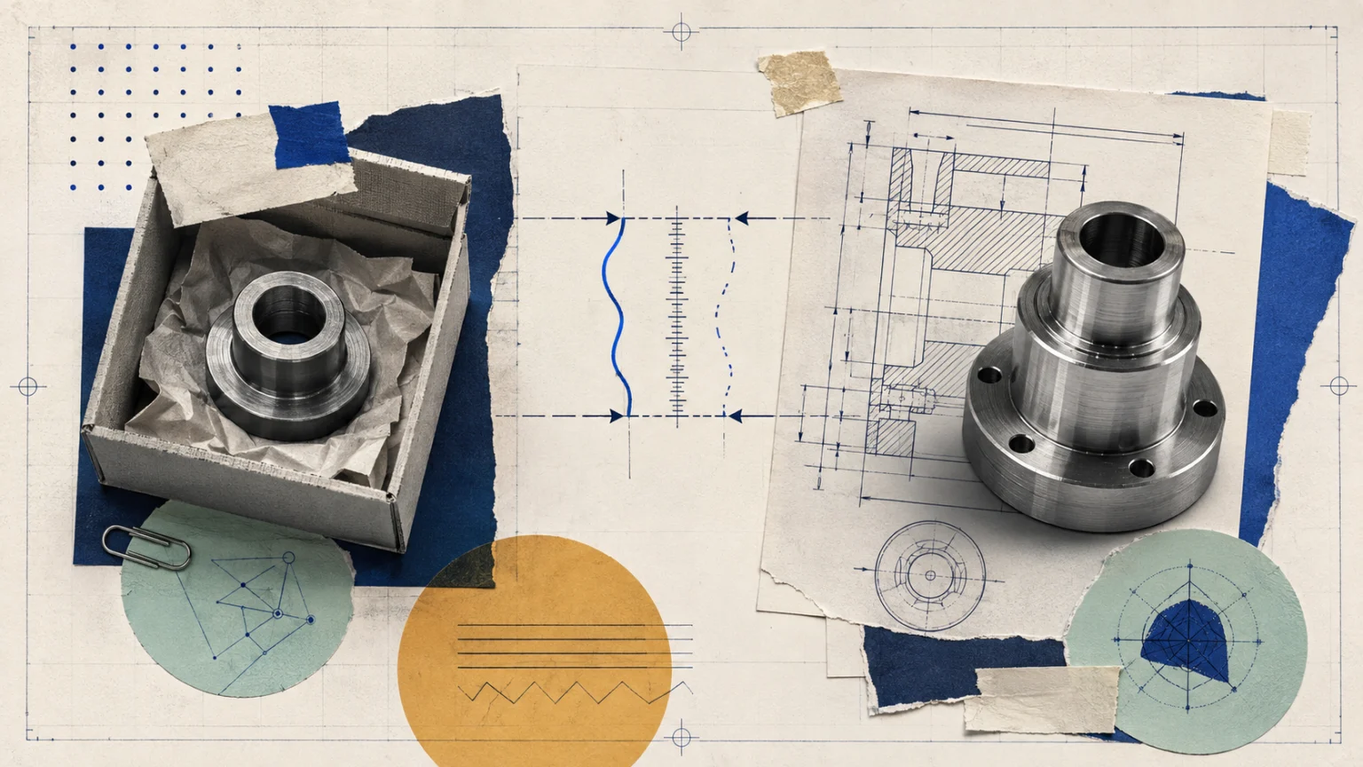 Готовая деталь с полки и деталь, выточенная под чертёж, лежат рядом на столе инженера